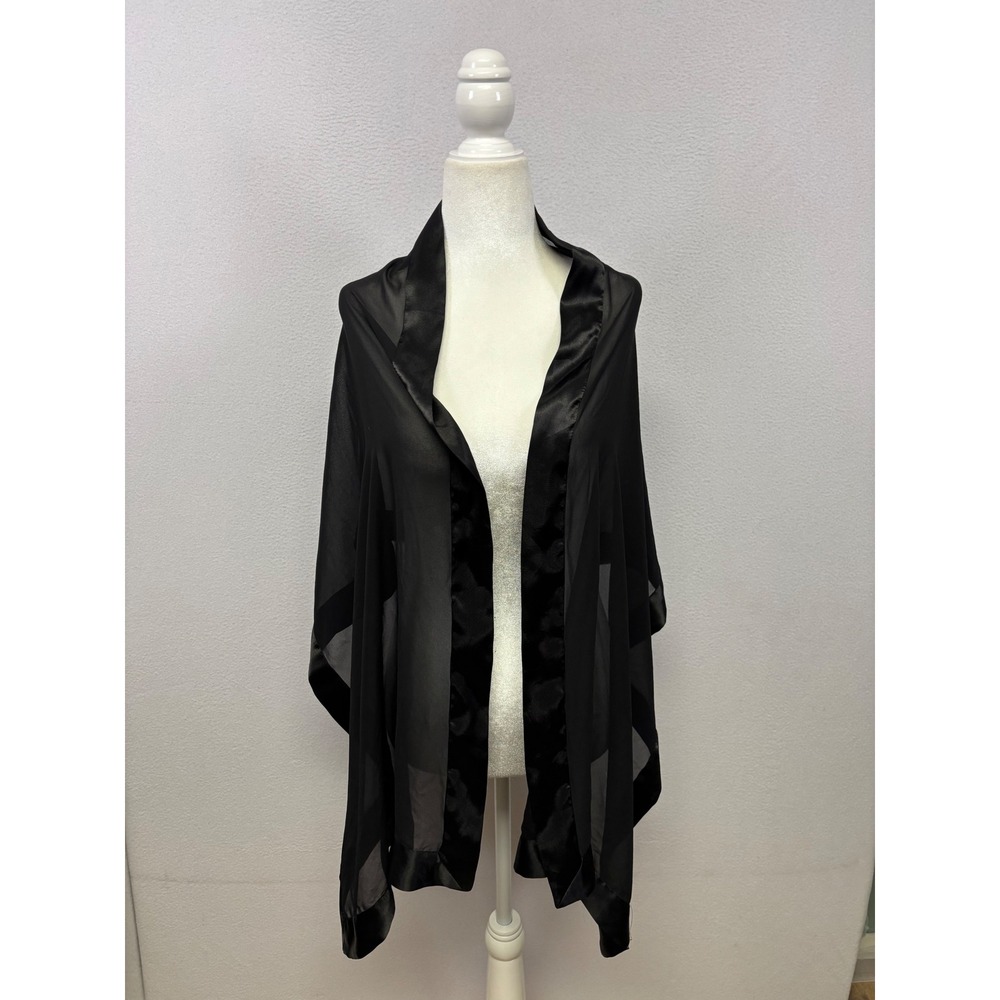 Elegant Formal Timeless Womens OS Black Satin Trim Sheer Chiffon Evening Shawl